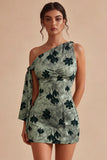 Green Tight Short Floral One Shoulder Graduation Dress with Sash