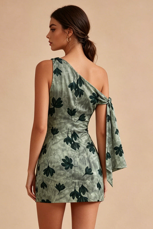Green Tight Short Floral One Shoulder Graduation Dress with Sash