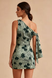 Green Tight Short Floral One Shoulder Graduation Dress with Sash