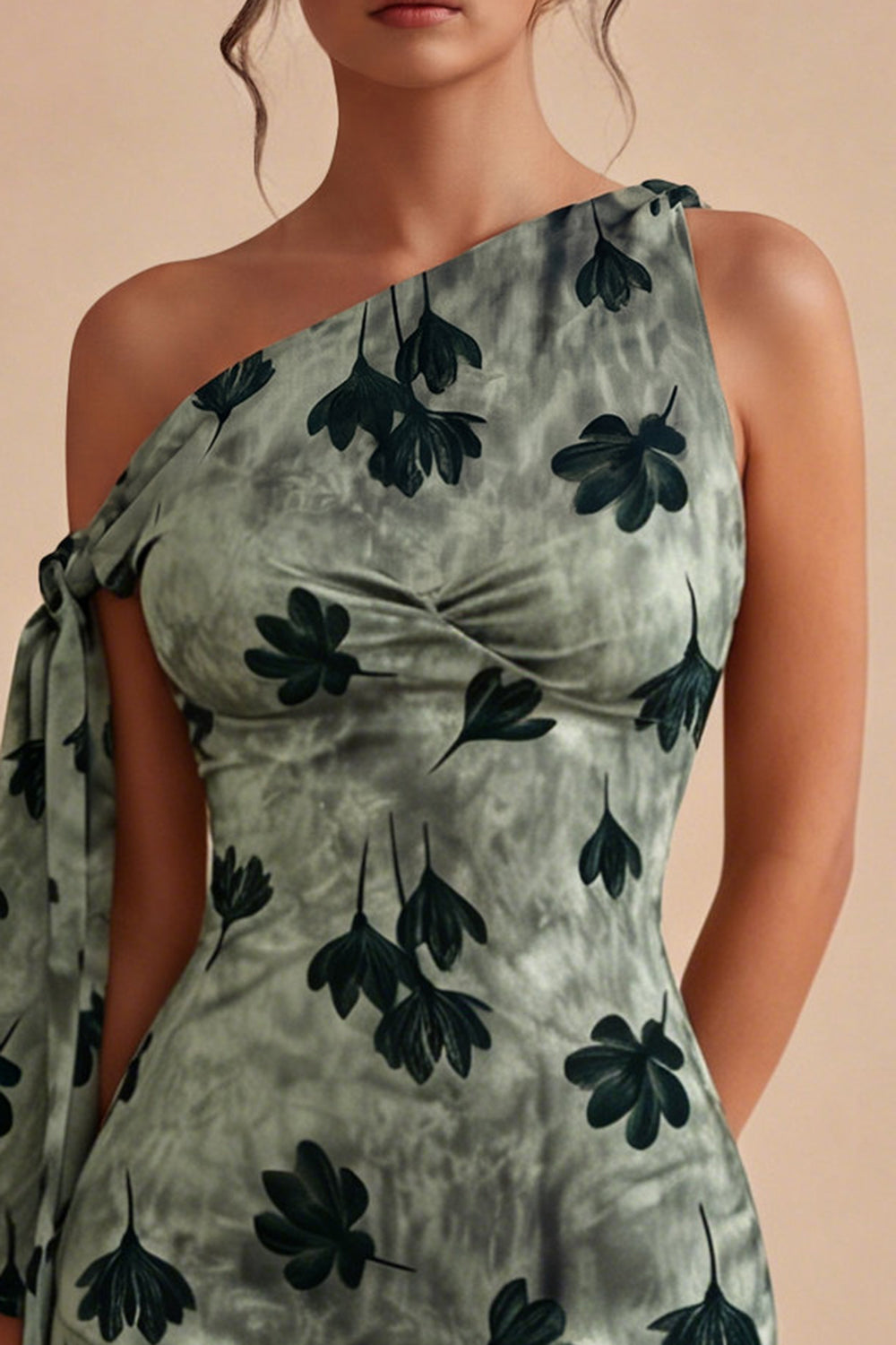 Green Tight Short Floral One Shoulder Graduation Dress with Sash