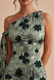 Green Tight Short Floral One Shoulder Graduation Dress with Sash