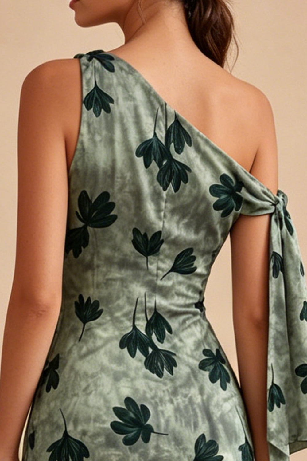 Green Tight Short Floral One Shoulder Graduation Dress with Sash
