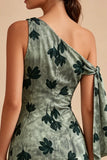 Green Tight Short Floral One Shoulder Graduation Dress with Sash