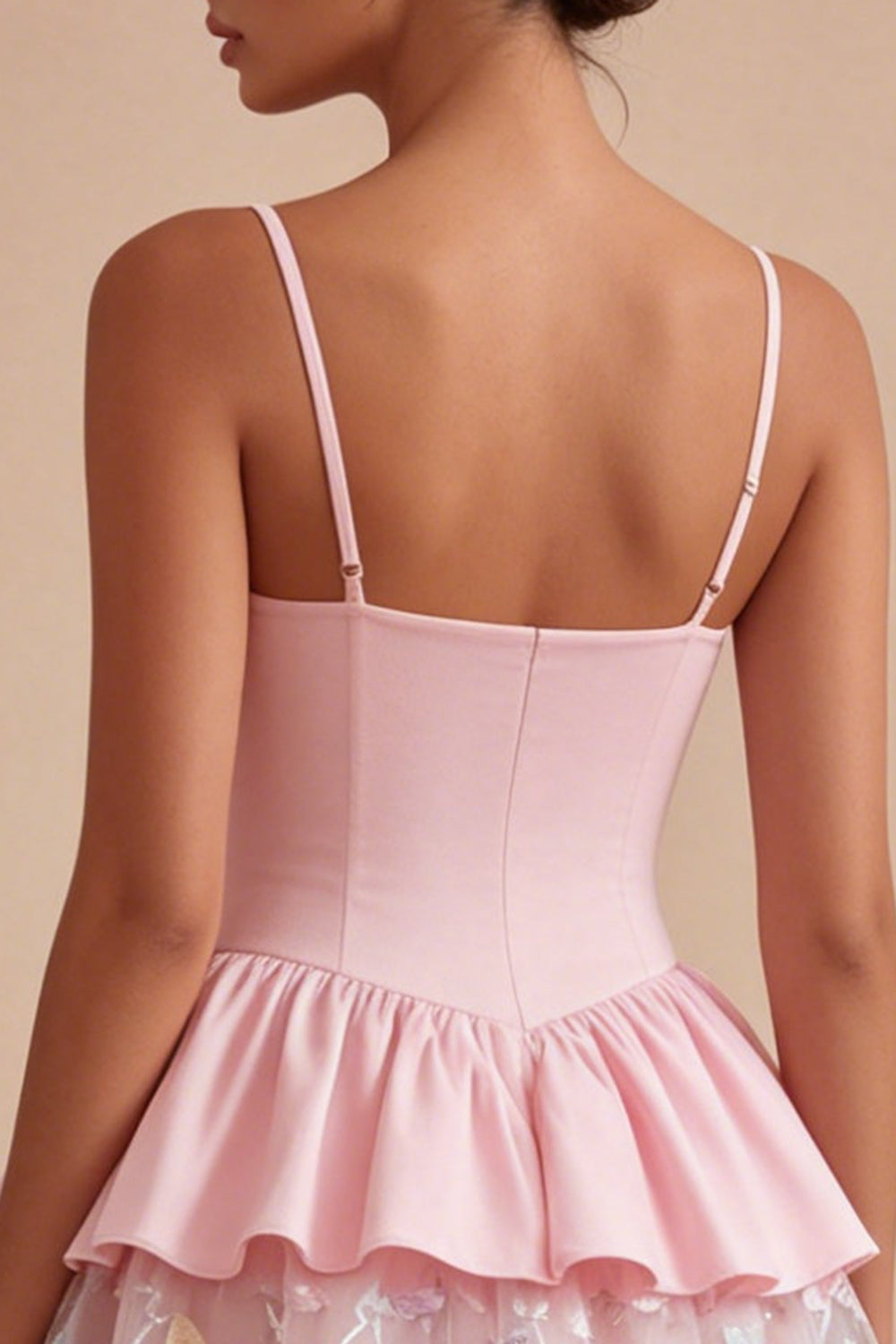 Pink A Line Short Floral Spaghetti Straps Graduation Dress with Ruffles