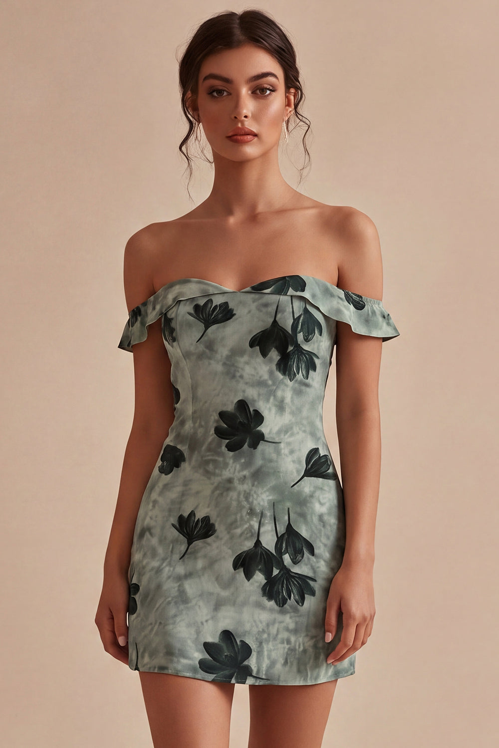 Green Tight Short Floral Off the Shoulder Graduation Dress