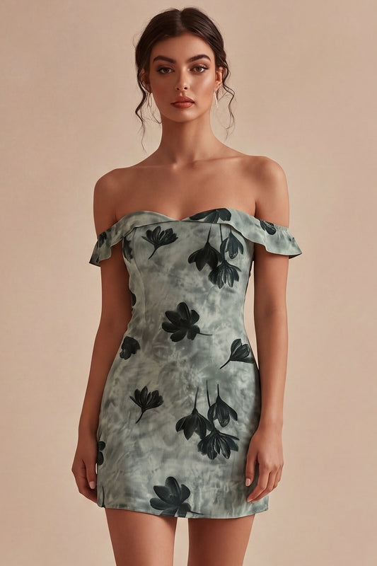 Green Tight Short Floral Off the Shoulder Graduation Dress