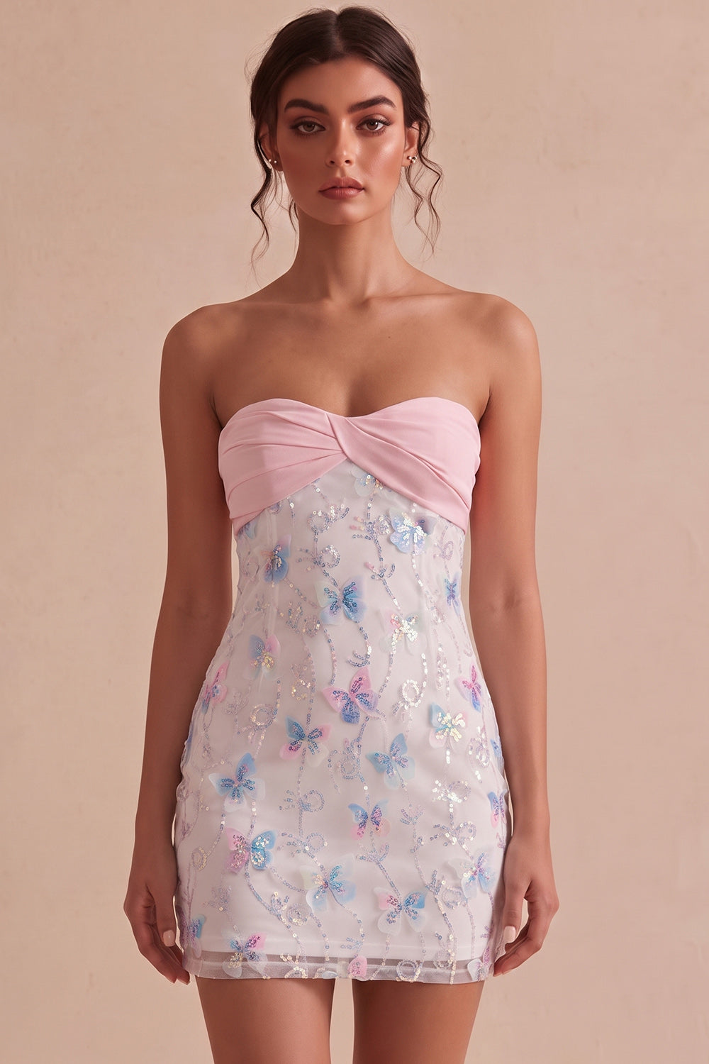 Sparkly Pink and White Floral Tight Short Strapless Beaded Graduation Dress