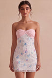 Sparkly Pink and White Floral Tight Short Strapless Beaded Graduation Dress