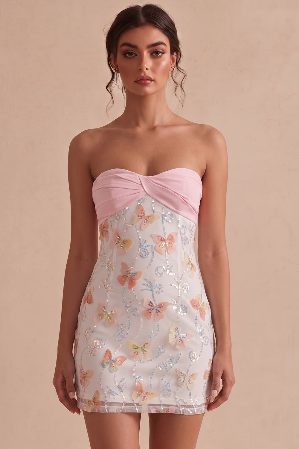 Sparkly Pink and White Floral Tight Short Strapless Beaded Graduation Dress