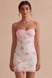 Sparkly Pink and White Floral Tight Short Strapless Beaded Graduation Dress
