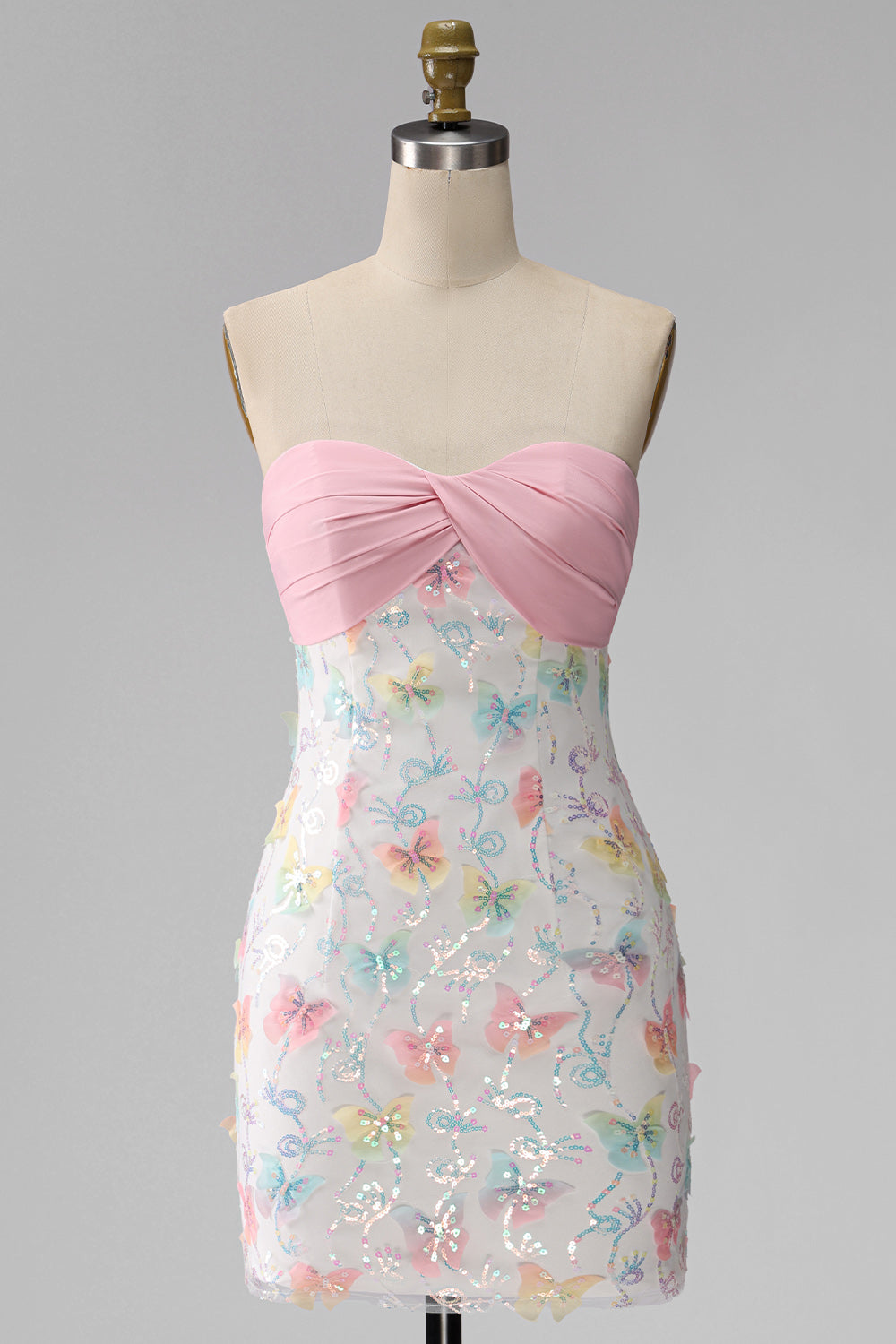 Sparkly Pink and White Floral Tight Short Strapless Beaded Graduation Dress