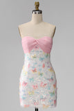 Sparkly Pink and White Floral Tight Short Strapless Beaded Graduation Dress