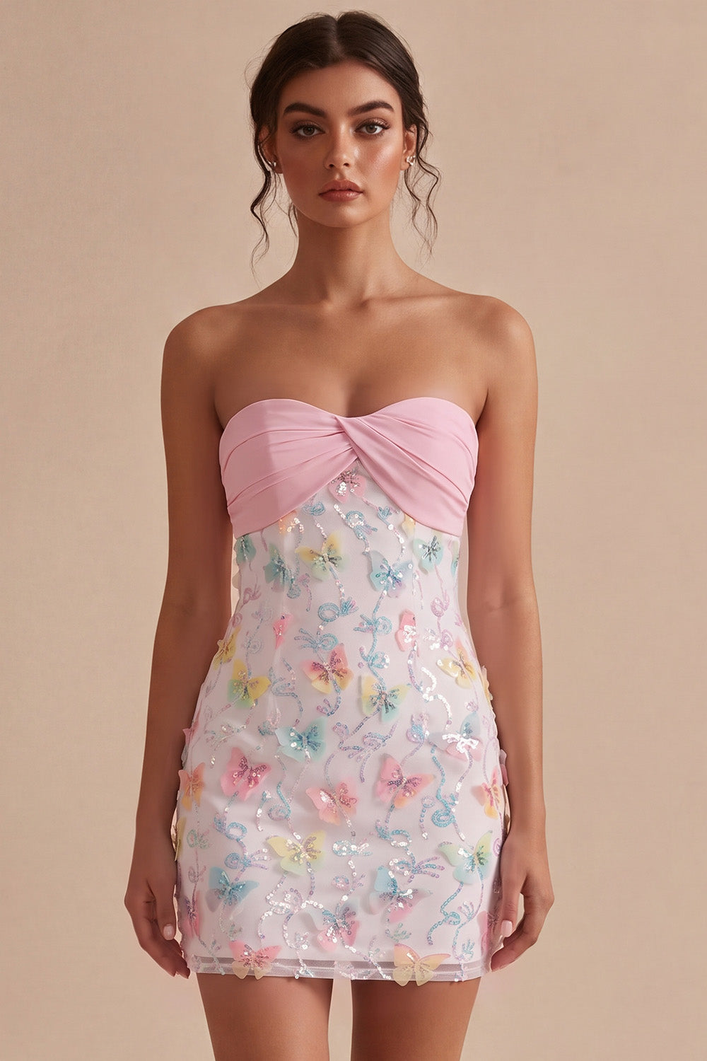 Sparkly Pink and White Floral Tight Short Strapless Beaded Graduation Dress