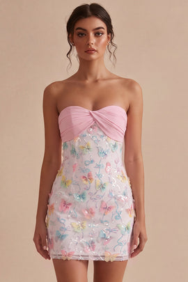 Sparkly Pink and White Floral Tight Short Strapless Beaded Graduation Dress