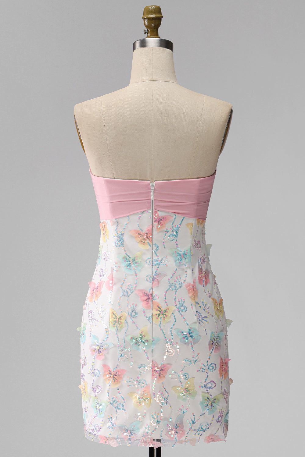 Sparkly Pink and White Floral Tight Short Strapless Beaded Graduation Dress