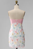 Sparkly Pink and White Floral Tight Short Strapless Beaded Graduation Dress