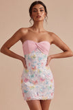 Sparkly Pink and White Floral Tight Short Strapless Beaded Graduation Dress