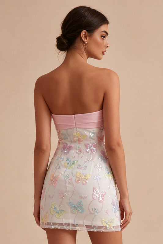 Sparkly Pink and White Floral Tight Short Strapless Beaded Graduation Dress
