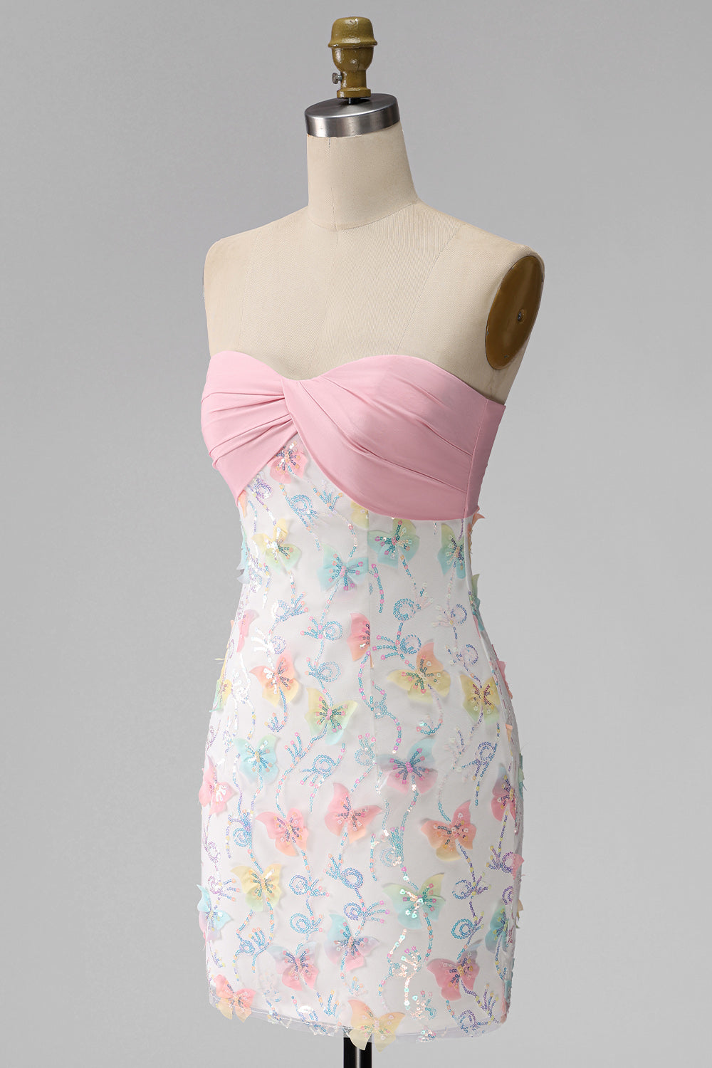 Sparkly Pink and White Floral Tight Short Strapless Beaded Graduation Dress