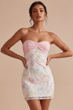 Sparkly Pink and White Floral Tight Short Strapless Beaded Graduation Dress