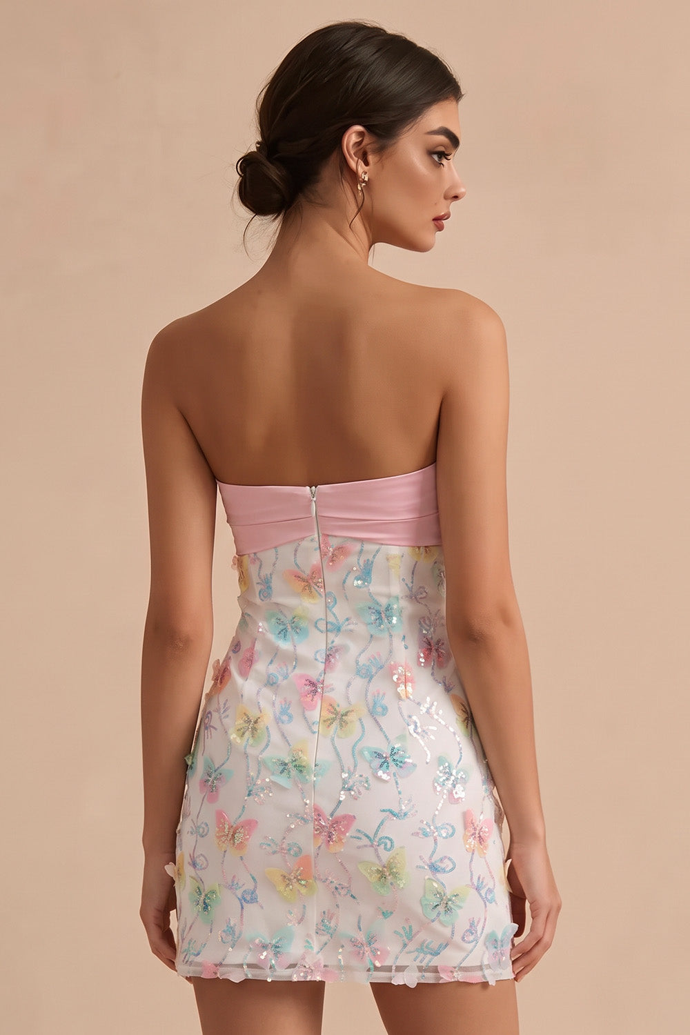 Sparkly Pink and White Floral Tight Short Strapless Beaded Graduation Dress