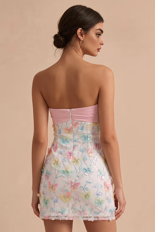 Sparkly Pink and White Floral Tight Short Strapless Beaded Graduation Dress