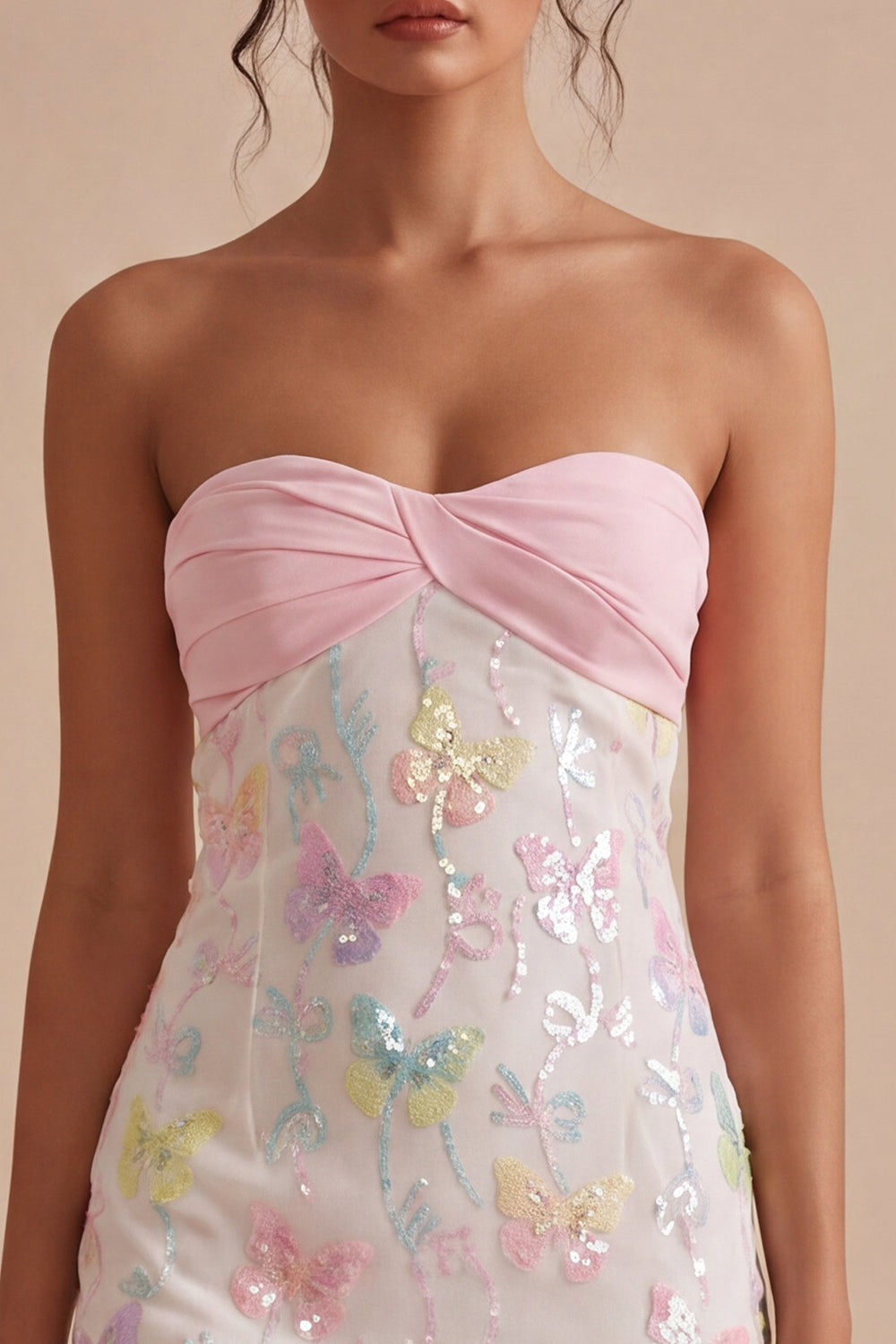 Sparkly Pink and White Floral Tight Short Strapless Beaded Graduation Dress