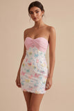 Sparkly Pink and White Floral Tight Short Strapless Beaded Graduation Dress