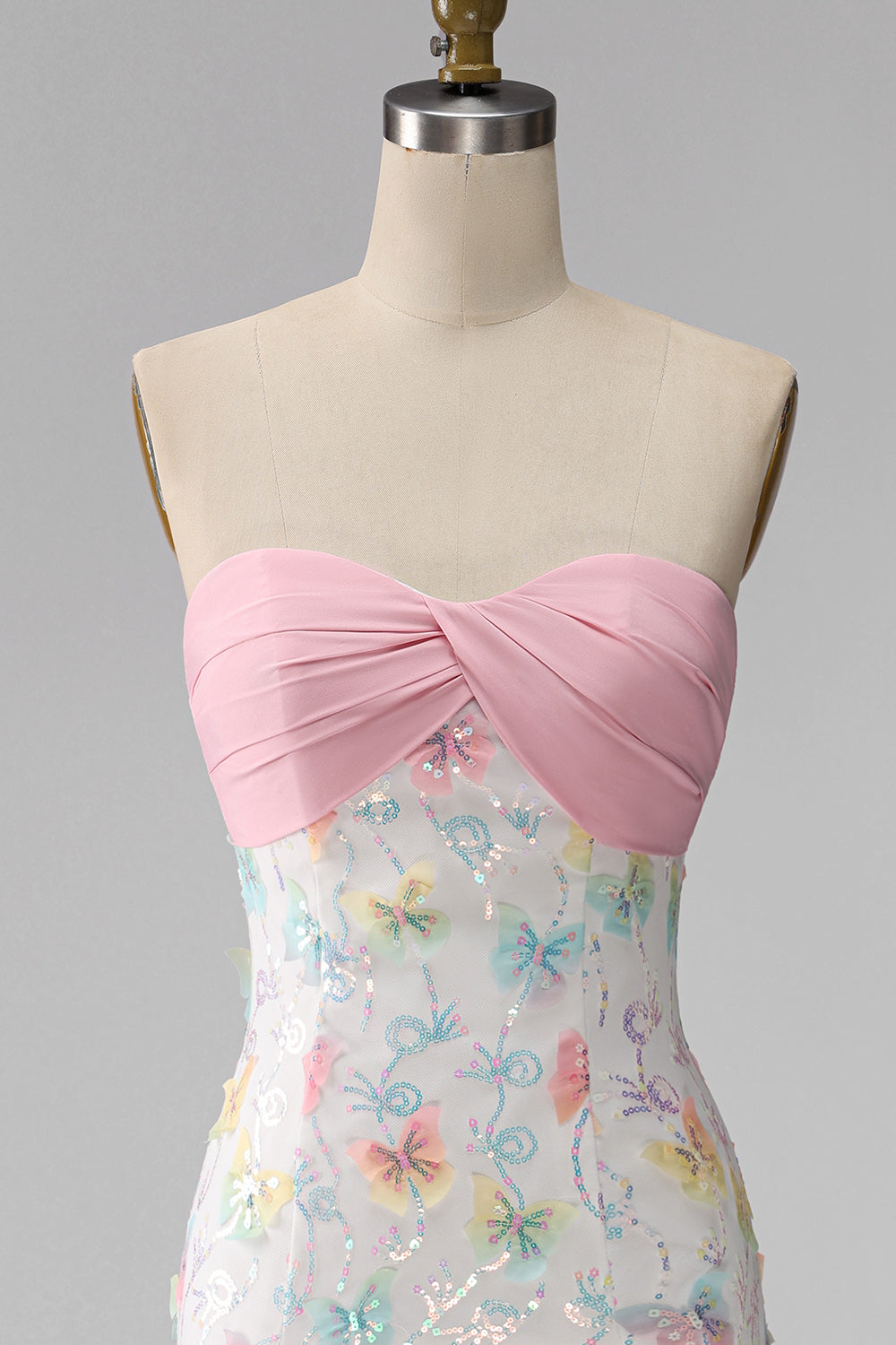 Sparkly Pink and White Floral Tight Short Strapless Beaded Graduation Dress