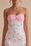 Sparkly Pink and White Floral Tight Short Strapless Beaded Graduation Dress