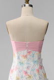 Sparkly Pink and White Floral Tight Short Strapless Beaded Graduation Dress
