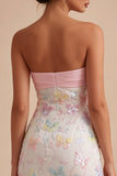 Sparkly Pink and White Floral Tight Short Strapless Beaded Graduation Dress