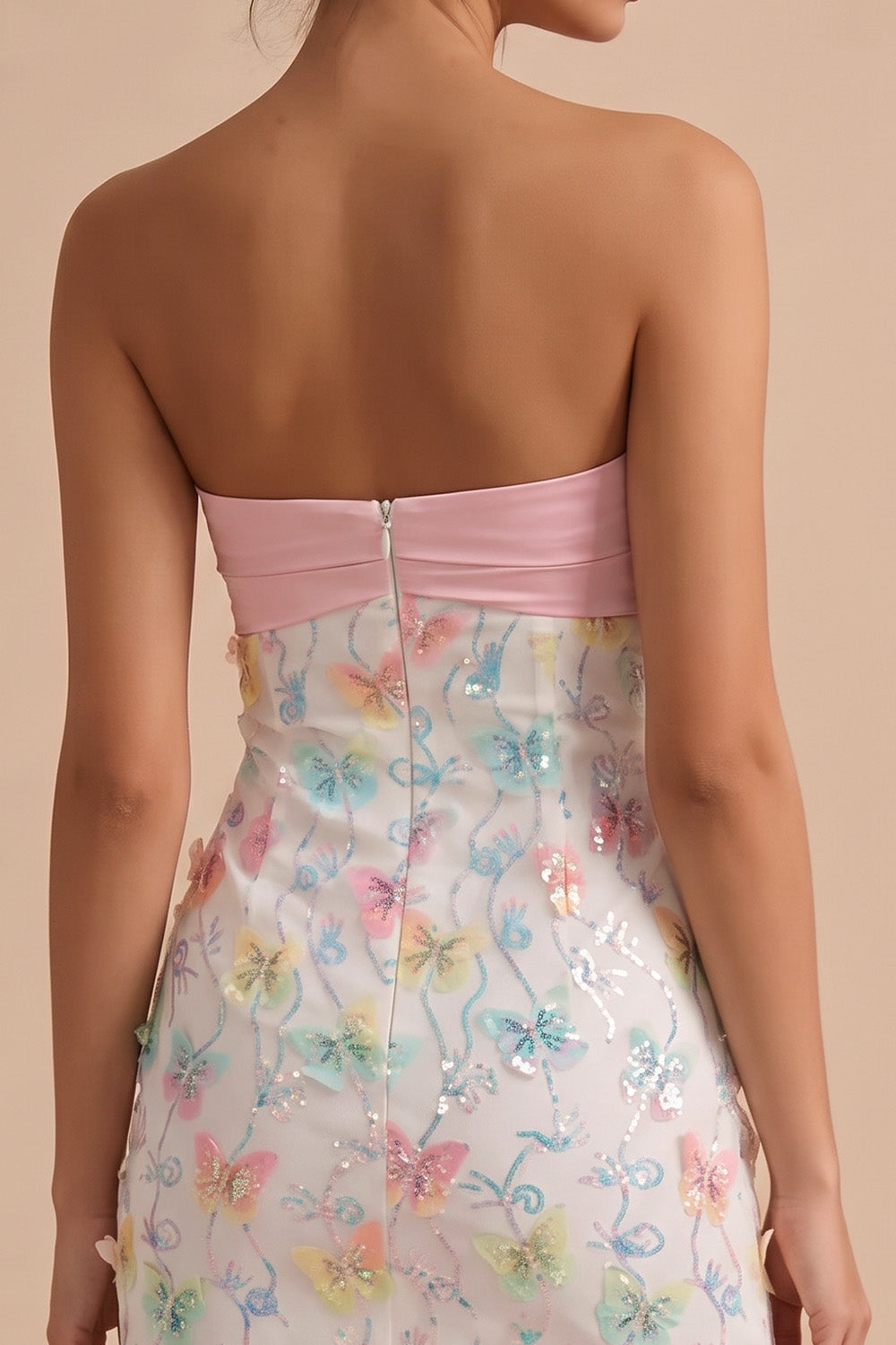Sparkly Pink and White Floral Tight Short Strapless Beaded Graduation Dress