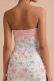 Sparkly Pink and White Floral Tight Short Strapless Beaded Graduation Dress