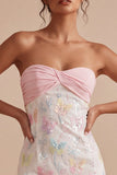 Sparkly Pink and White Floral Tight Short Strapless Beaded Graduation Dress
