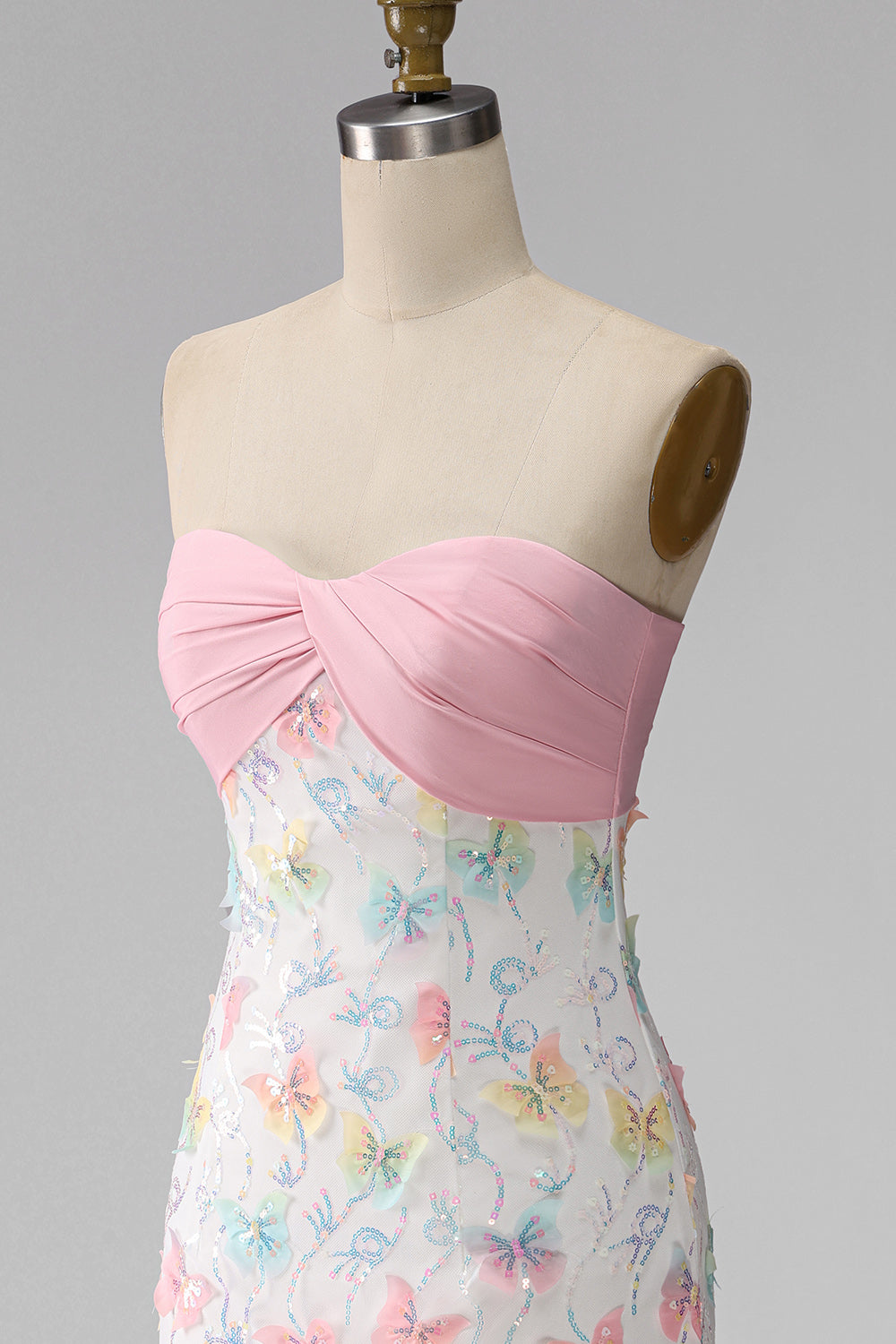 Sparkly Pink and White Floral Tight Short Strapless Beaded Graduation Dress