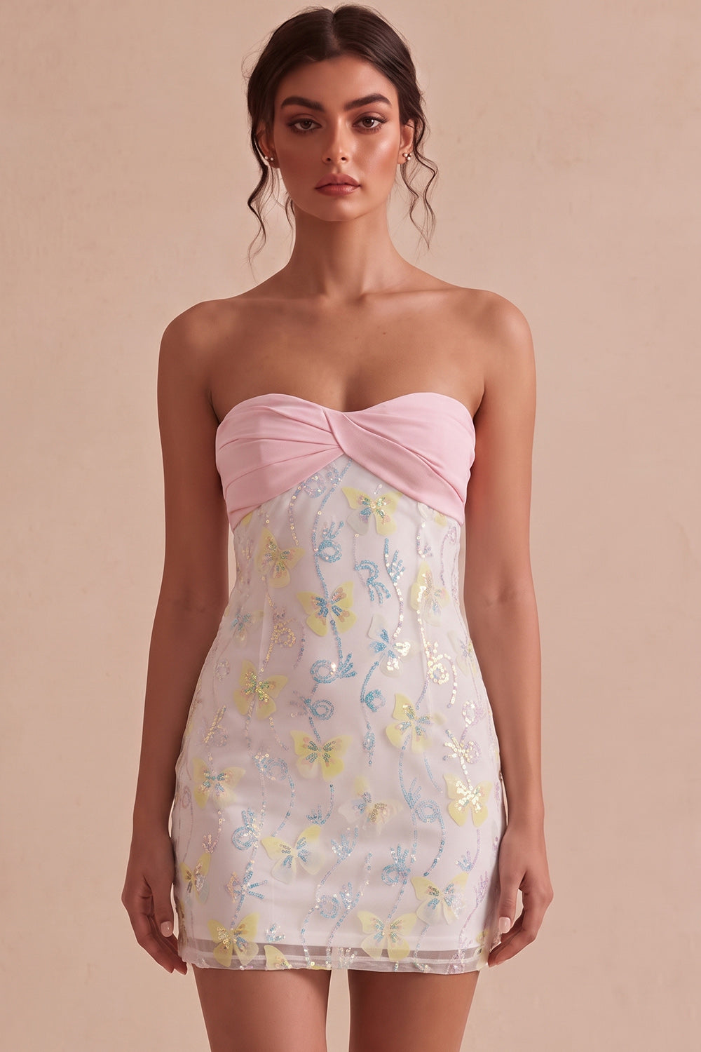 Sparkly Pink and White Floral Tight Short Strapless Beaded Graduation Dress