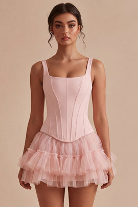 Pink A Line Short Corset Thick Straps Graduation Dress with Ruffles