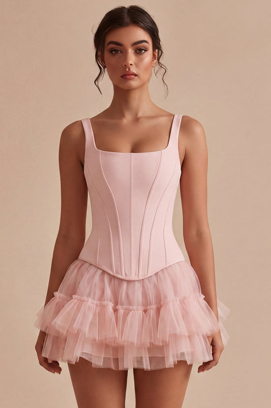 Pink A Line Short Corset Thick Straps Graduation Dress with Ruffles
