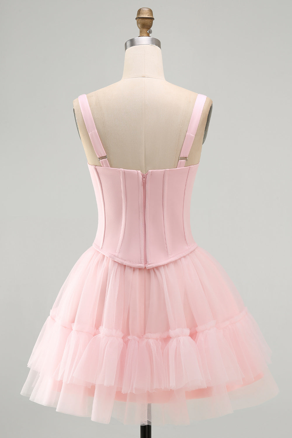 Pink A Line Short Corset Thick Straps Graduation Dress with Ruffles