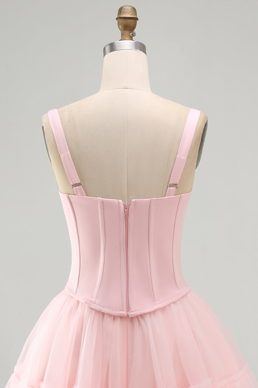 Pink A Line Short Corset Thick Straps Graduation Dress with Ruffles