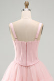 Pink A Line Short Corset Thick Straps Graduation Dress with Ruffles