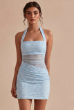 Sky Blue Tight Short Halter Floral Lace Backless Ruched Graduation Dress