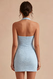 Sky Blue Tight Short Halter Floral Lace Backless Ruched Graduation Dress