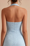 Sky Blue Tight Short Halter Floral Lace Backless Ruched Graduation Dress
