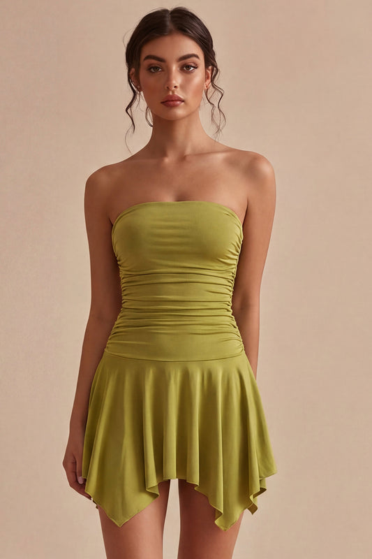 Olive Strapless Asymmetrical Ruched A Line Graduation Dress