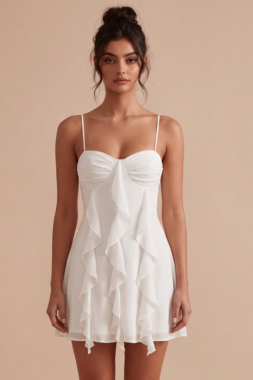 White Spaghetti Straps Short A Line Graduation Dress with Ruffles