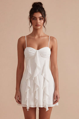 White Spaghetti Straps Short A Line Graduation Dress with Ruffles