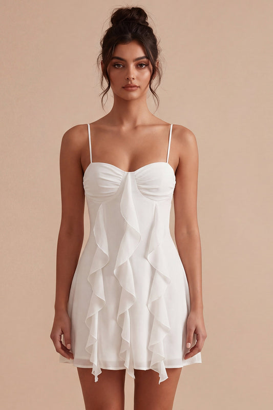 White Spaghetti Straps Short A Line Graduation Dress with Ruffles