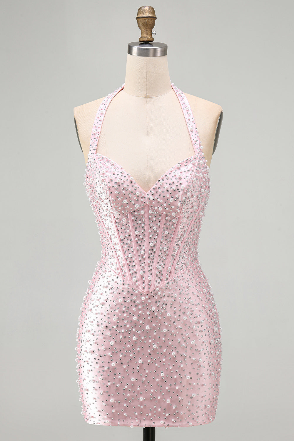 Sparkly Pink Corset Tight Halter Short Pearl Homecoming Dress with Beading
